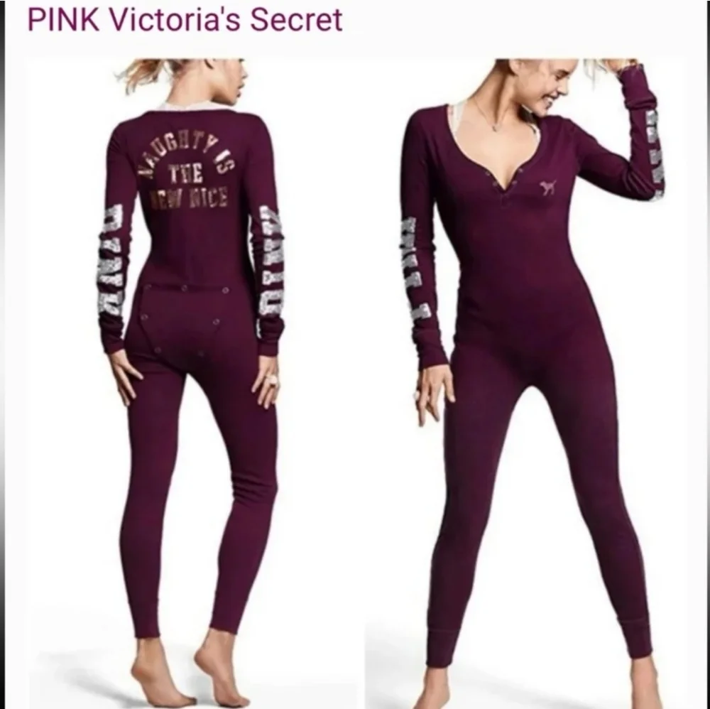 PINK Victoria's Secret Burgundy Pajama Onesie - Picture 1 of 14